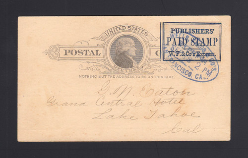 UX9 UPSS# S8 1c Wells Fargo #143LP10 Publishers' PAID STAMP Tied