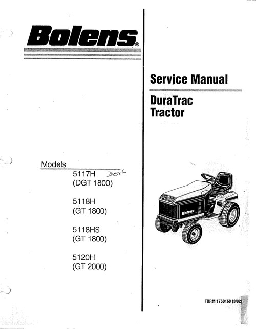 Bolens Duratrac tractor service manual download GT1800 GT2000