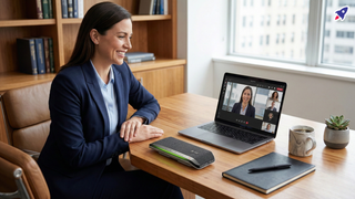 A professional executive on a video call using a desktop speakerphone in a modern office, highlighting comfort and clear communication.
