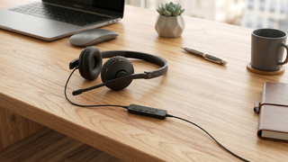 A black EPOS 160T wired headset with a boom microphone and an
  inline remote control resting on a light maple work table. The desk is
  also set with a partially visible laptop, a wireless mouse, a small
  succulent plant in a geometric pot, a silver pen, a gray mug on a wooden
  coaster, and a brown leather notebook.