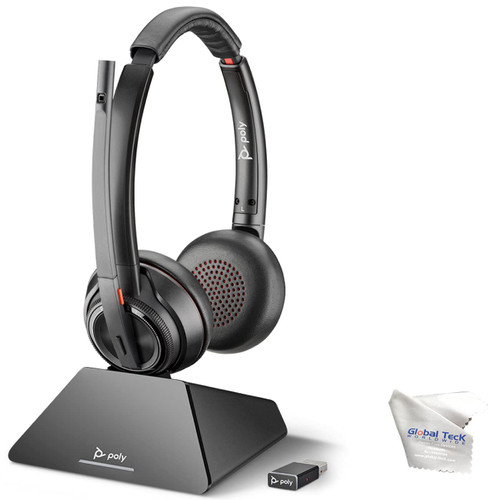 Poly Savi 8220 UC, Stereo, Bluetooth Headset w/Charge Stand, for Teams, Connects to Deskphone, PC/Mac, Smartphone - Works with Zoom, RingCentral, 8x8, Vonage, with Global Teck Microfiber