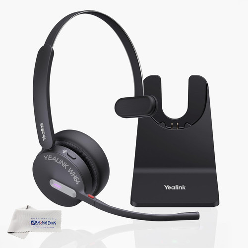 Yealink WH64 Hybrid Wireless Headphones DECT & Bluetooth Mono MS with Charging Stand, Teams Certified, For PC, Laptop & Mobile, USB-C Dongle, 150m Range, 3-Mic Noise Cancelling Acoustic Shield