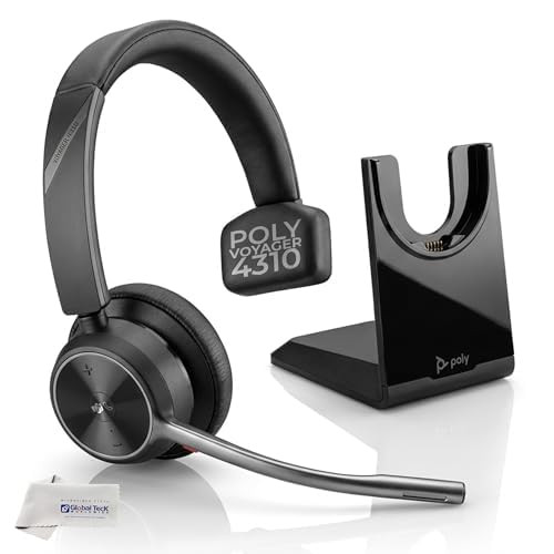 Poly Voyager 4310 UC Wireless Bluetooth Headset (USB-A) with Charging Headset Stand Bundle - Noise Cancelling Mic, Works with USB Deskphone, PC, Mobile, For Zoom and Phone Calls, GTW Microfiber Cloth