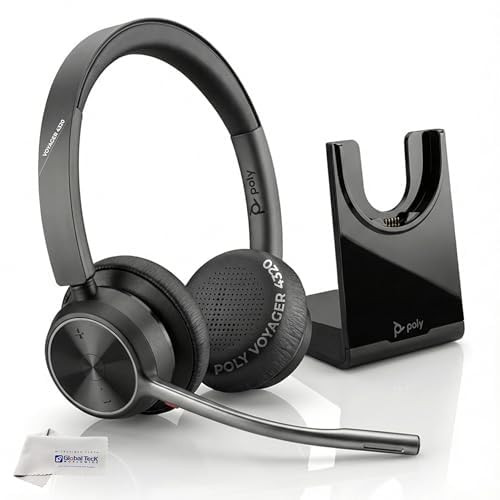 Poly Voyager 4320 UC Wireless Bluetooth Duo Headset (USB-A) with Charge Stand - Global Teck Bundle with Microfiber Cloth - Deskphone, PC/Mac, Works with Zoom, RingCentral, 8x8, Vonage