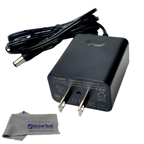 Yealink Phone Power Adapter PS5V2000US - for Yealink Telephones T46, T48S, T58A, T58-CAM, T54W, T57W, Teams Phones - MP52, MP54, MP56, T85W, T87W, Global Teck Microfiber Cloth