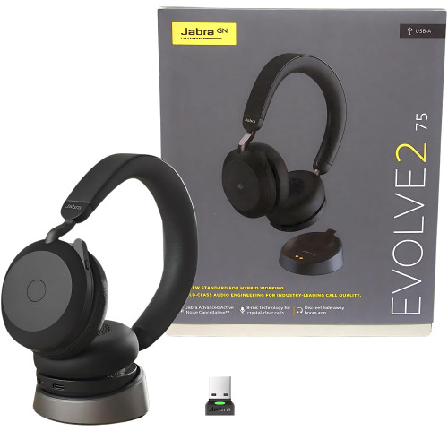 Jabra Evolve2 75 Wireless Headset Stereo UC w/Charging Headset Stand, USB Dongle, Compatible w/Zoom, RingCentral, Smartphones, Tablets, PC/MAC, 27599-989-989, w/Gold Support Plan and Mobile Wallet