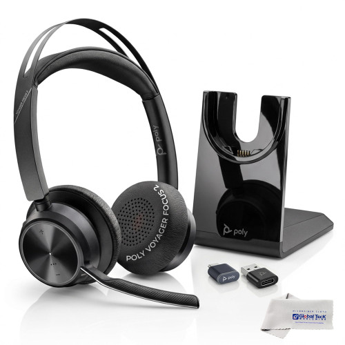 Poly Plantronics Voyager Focus 2 USB C Stereo Bluetooth Wireless Headset with USB-C Dongle and Charging Headset Stand - for Meetings, Teams, Zoom, Ringcentral, Mobile Phone Calls, PC, w/GTW Cloth