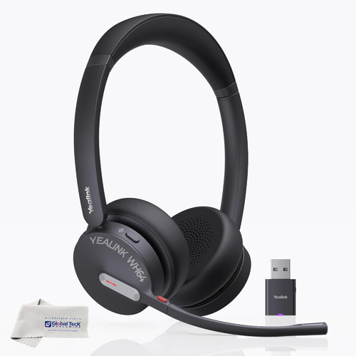 Yealink WH64 Hybrid Wireless Headphones DECT & Bluetooth Duo, UC Certified, For PC, Laptop & Mobile, USB-C Dongle, 150m Range, 32H Talk Time, 3-Mic Noise Cancelling Acoustic Shield 2.0