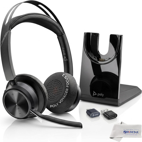 Plantronics Poly Voyager Focus 2 UC Bluetooth Headset with Charging Stand, USB-C/A Adapters, Connects to Teams, Zoom and Phone Calls on Laptops PC/Mac and Cellphones, Enhances Audio, GTW Cloth