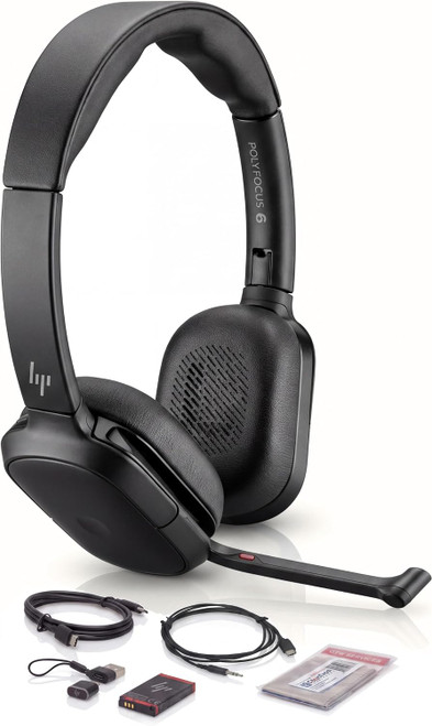 HP Poly Focus 625 Bluetooth headset with included accessories
