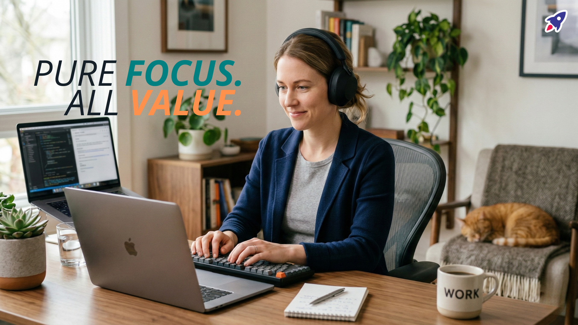 A remote worker focused during a video call, wearing a wireless noise-cancelling headset, symbolizing clear communication and productivity.