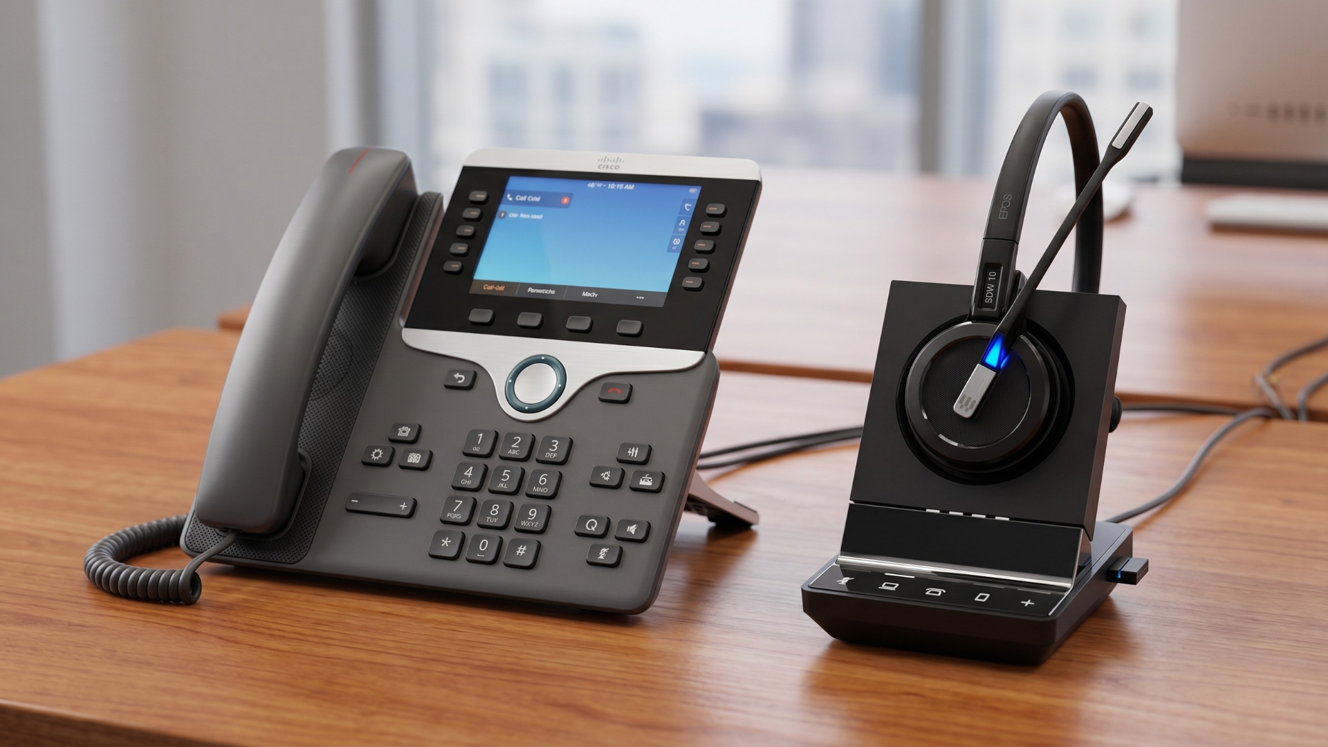 A close-up photograph of a professional office desk setup on a wooden surface. On the left, a charcoal grey Cisco 8800 series IP desk phone with a large color display showing a call screen, dial pad, and a corded handset. To the right, a Sennheiser SDW 5016 wireless headset (marked with 