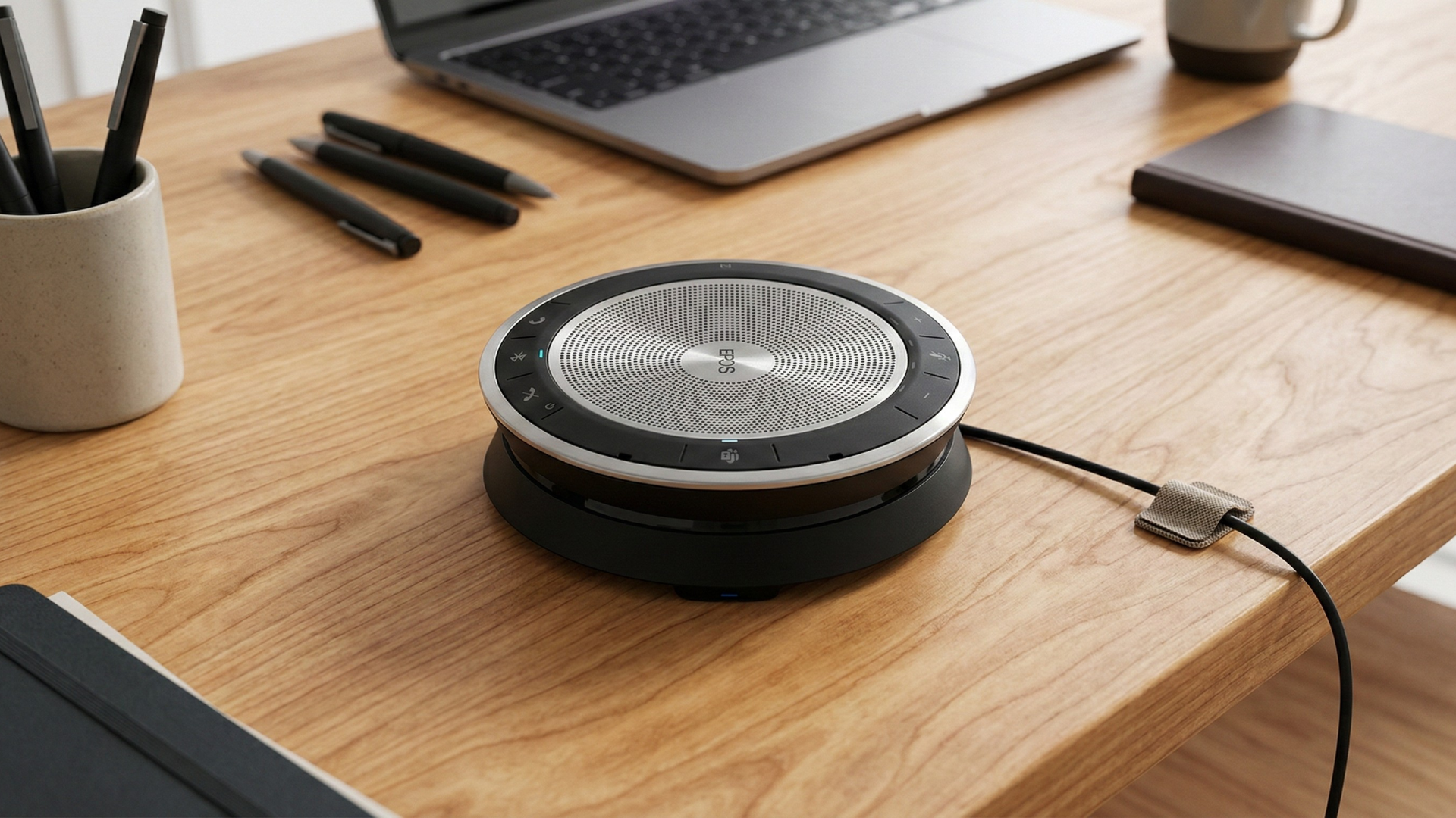 A high-angle, cinematic shot of an EPOS SP30T Bluetooth Speakerphone sitting on a light maple wood desk.