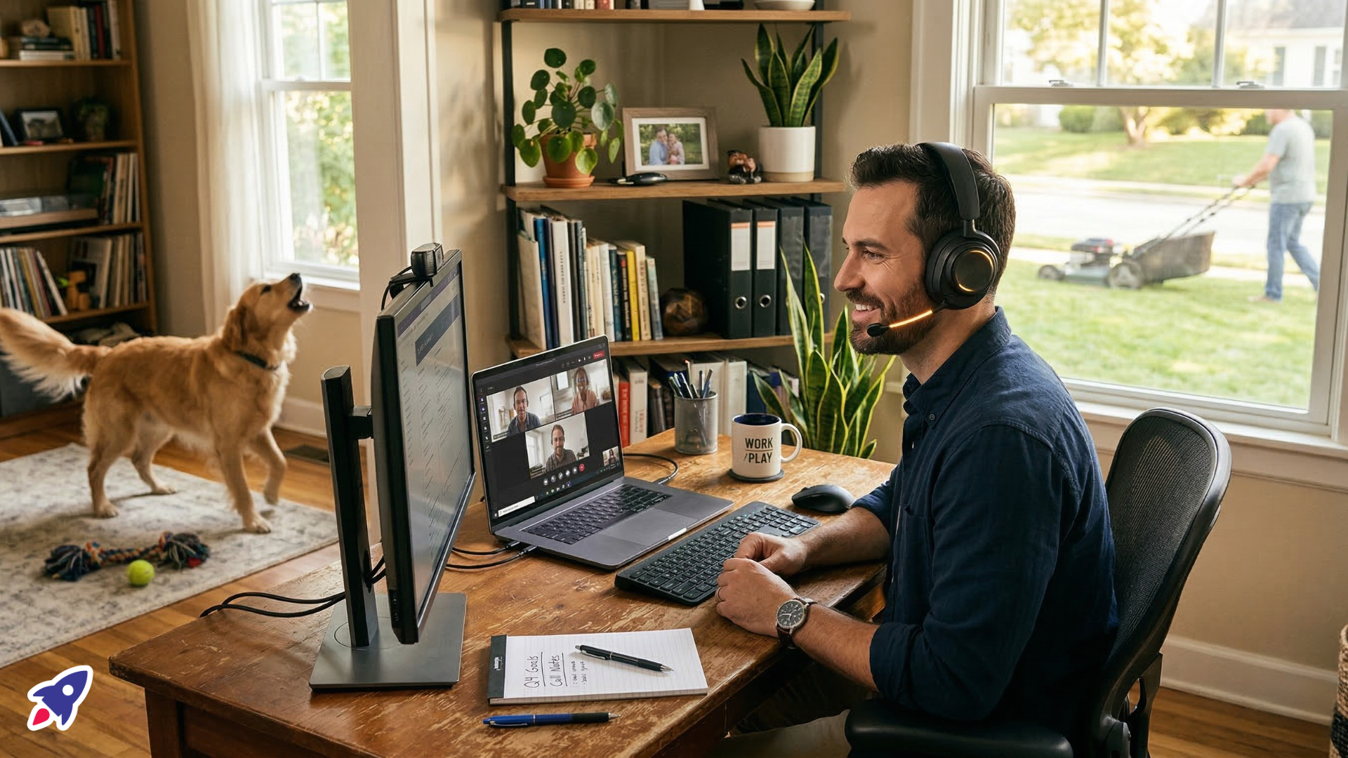 Professional man on a video call with a premium noise-cancelling headset, while a dog barks and a lawnmower runs outside, symbolizing effective voice isolation.