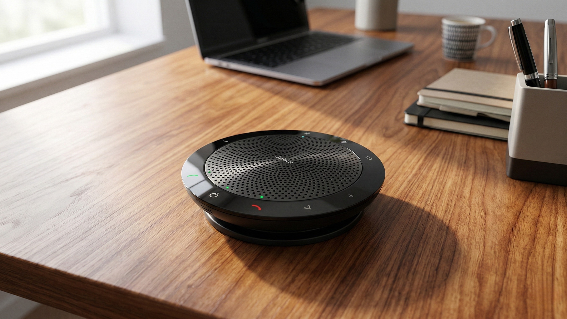 A wide, cinematic photograph of a glossy black Jabra Speak 510+ Bluetooth speakerphone on a warm maple desk.
