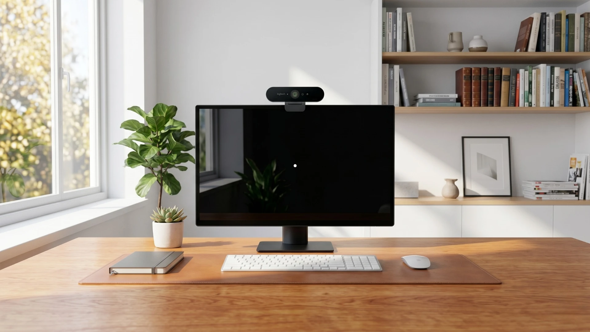 A bright home office desk with a monitor and Logitech Brio 4K webcam.