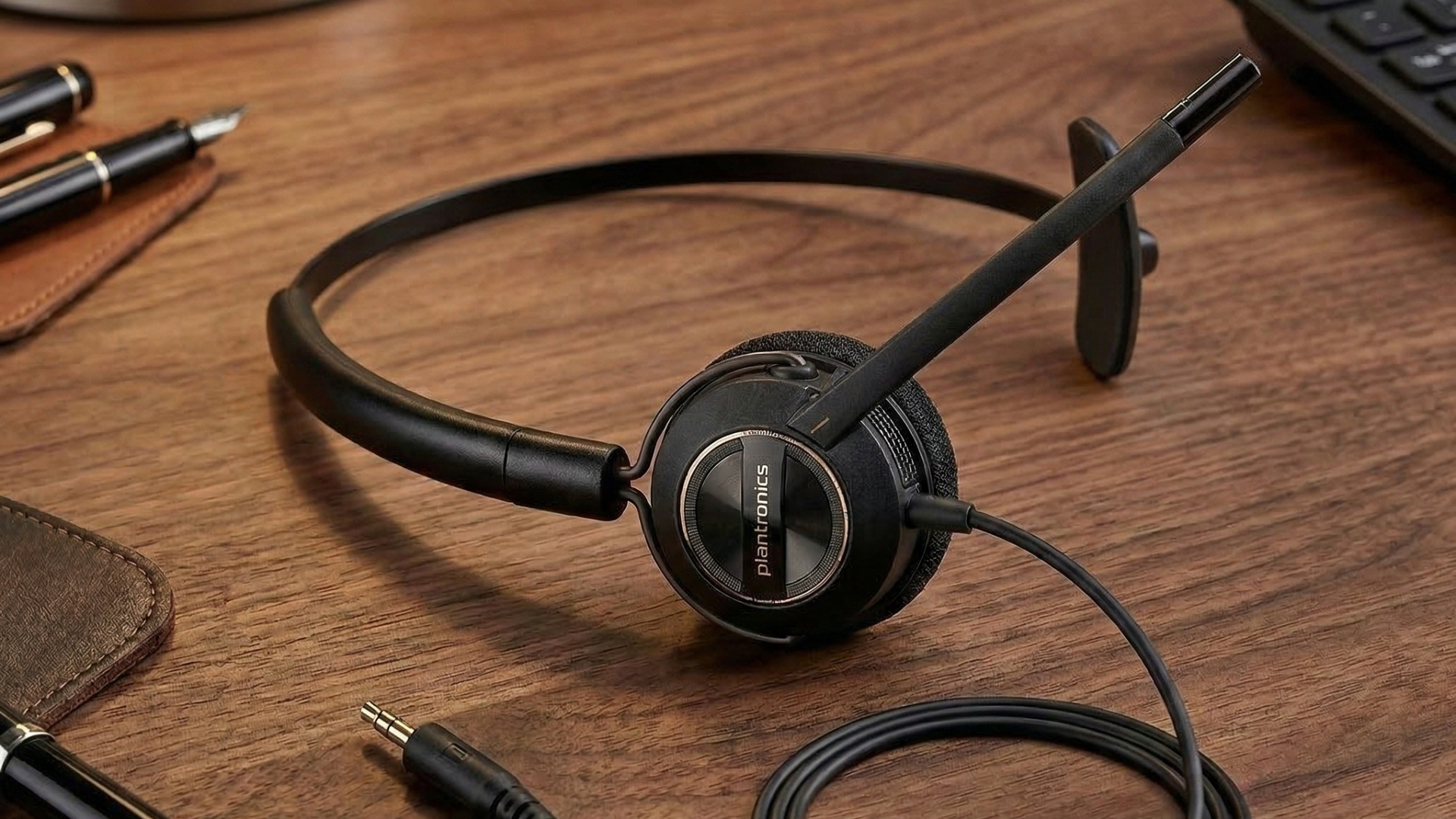 A close-up photograph displays a black, monaural Plantronics
  headset with a single earpiece and head pad, resting flat on a dark
  wooden desk surface without a stand or charging case. The adjustable
  headband is positioned across the desk, and the single ear cup features
  visible 'plantronics' branding text within a metallic ring. A flexible
  microphone boom extends forward from the earpiece. A coiled black cord
  with a 3.5mm plug at the end lies next to the main headset. In the
  warm-lit background, a desk lamp base, a leather pen case with two
  fountain pens, and partial views of a keyboard and monitor base are
  visible.