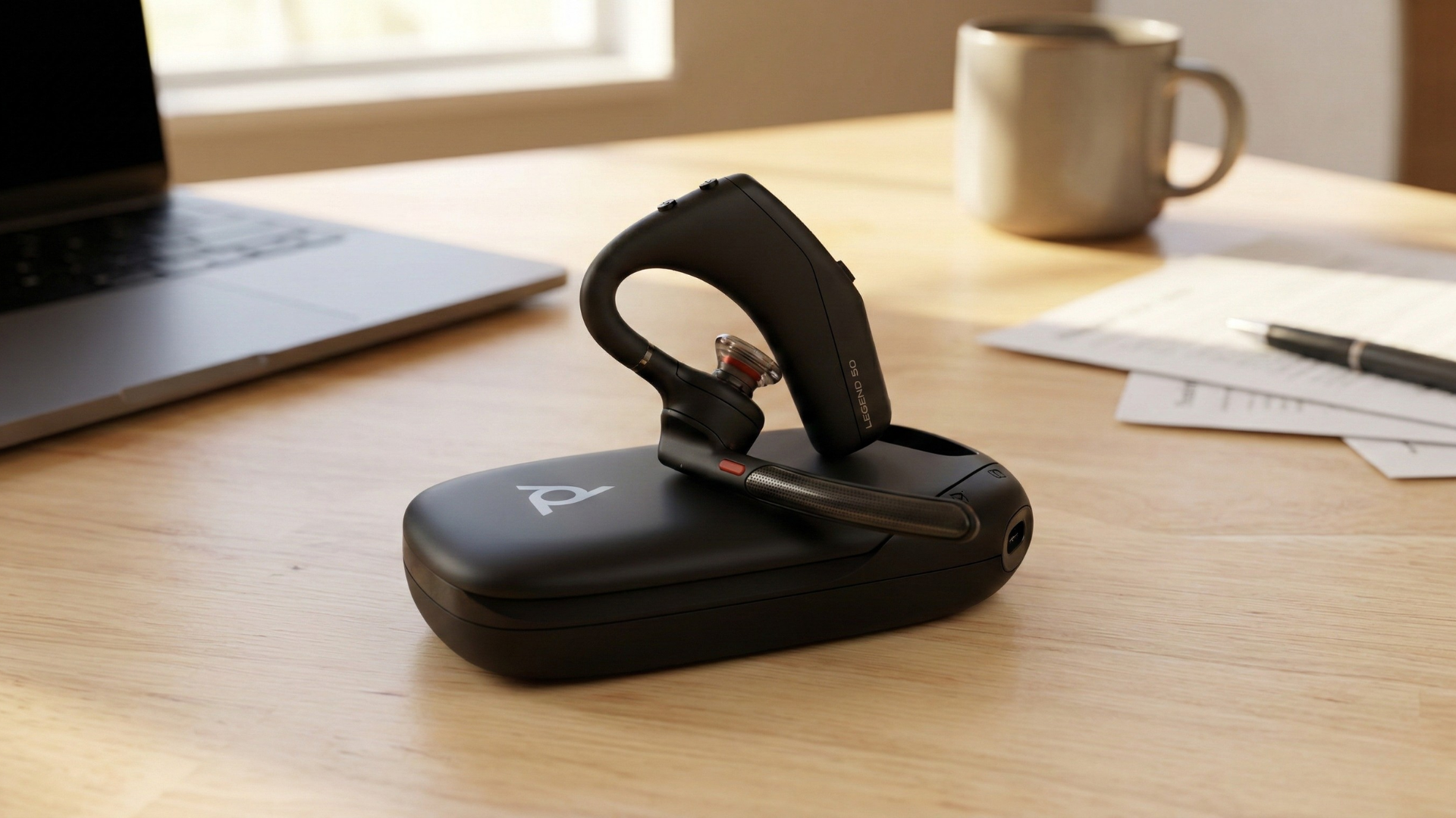 Gemini said
A photograph, in a 1920x1080 aspect ratio, shows a professional work desk surface. The desk is made of light-colored maple wood with visible grain. The Poly Voyager Legend 50 mono Bluetooth headset is resting centrally on the desk, within its matching black charging case. The headset itself features a black over-ear hook, multiple control buttons, a single in-ear piece, and a silver boom microphone with a distinctive grille. The text 'LEGEND 50' is clearly visible on the side of the headset body. The black charging case has a silver Poly logo on its lid and a side charging port. In the warm-lit background, a corner of a sleek laptop, an off-white ceramic coffee mug, and a single pen with scattered papers are softly blurred, indicating a productive office environment. Natural light streams from an off-frame window, illuminating the scene.
