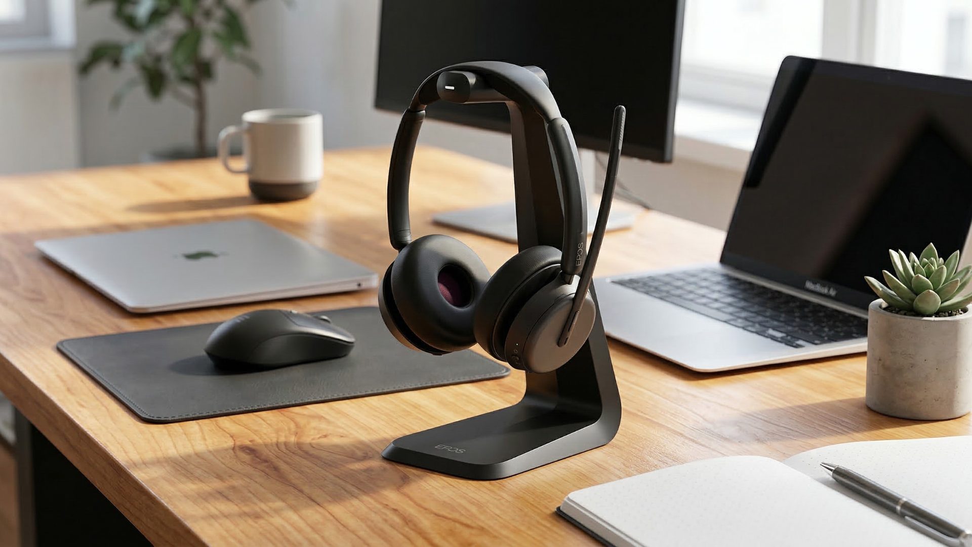 A high-resolution product photograph of an EPOS Impact 1061T Bluetooth headset resting on its sleek black charging stand. The headset and stand are positioned centrally on a light maple-colored wooden desk in a modern, sunlit home office. In the background, there is a blurred setup featuring a laptop, a computer monitor, a white coffee mug, and a small succulent plant, creating a professional and clean workspace aesthetic.