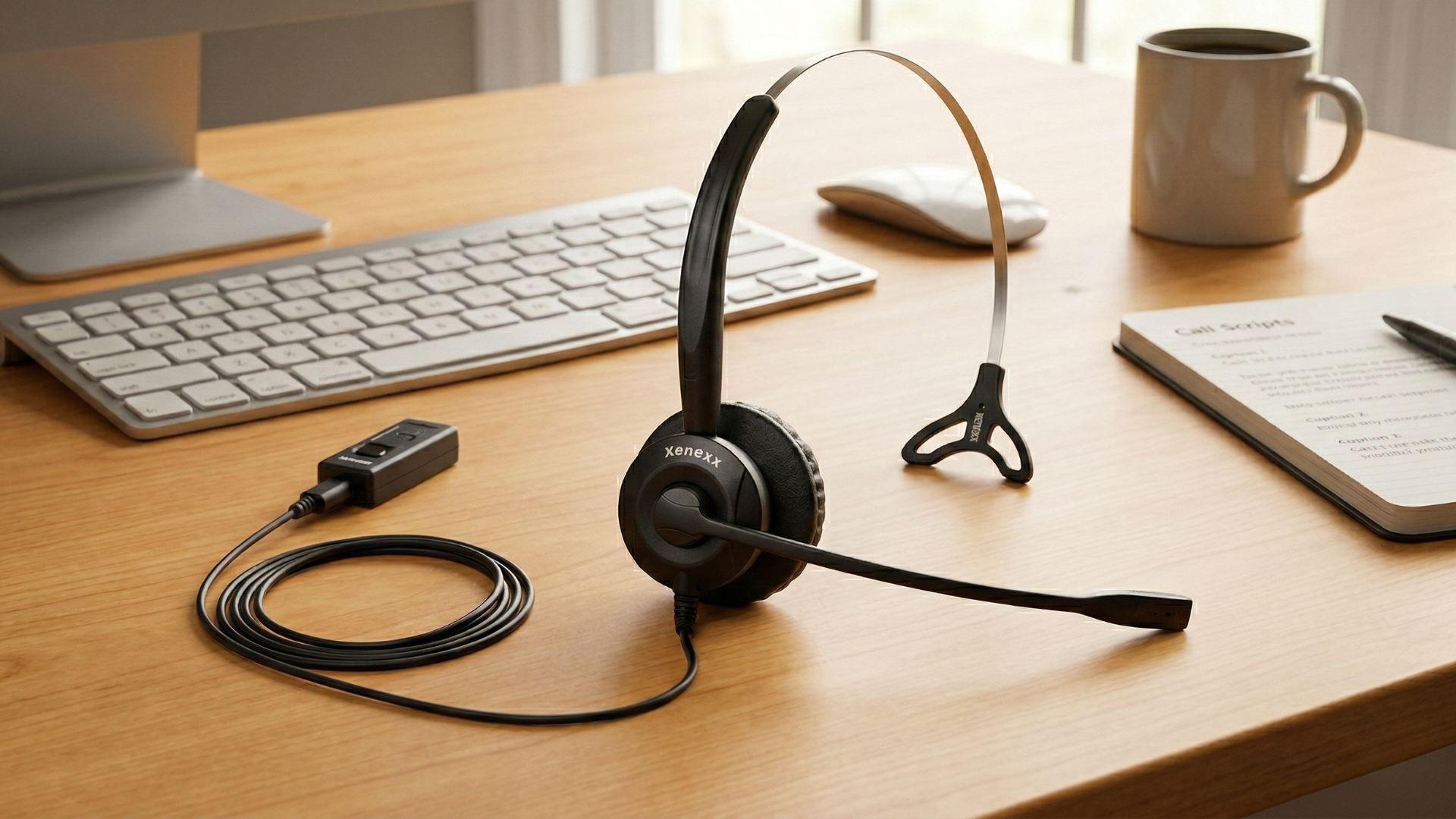 A close-up photograph displays a monaural Xenexx brand headset
  resting on a light wood grain desk. The headset features a thin metal
  headband arching over, a single black earcup with a cushioned earpad and
  white 