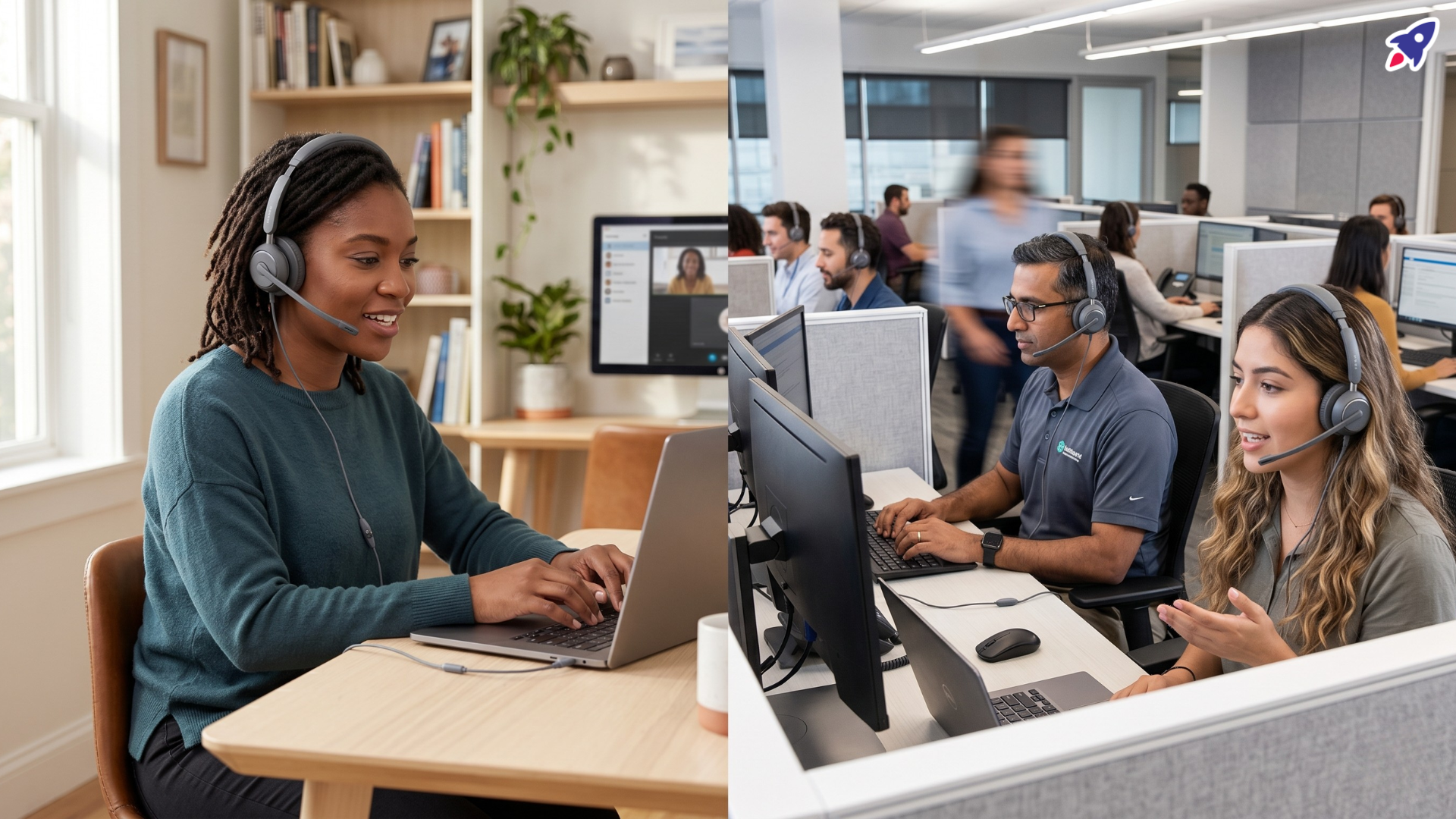 Remote workers and contact center agents wearing wired USB headsets during professional calls