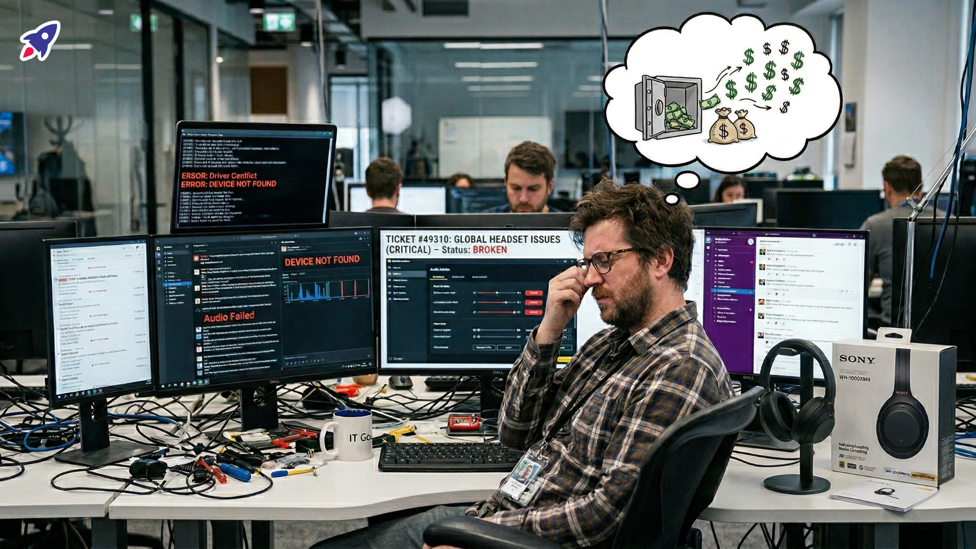 IT administrator looking frustrated at computer screens showing headset error messages, next to a reliable enterprise headset.