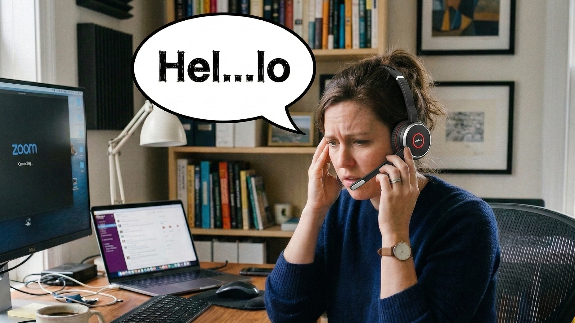 Frustrated remote worker missing the first word of a call due to Bluetooth audio clipping on their headset.