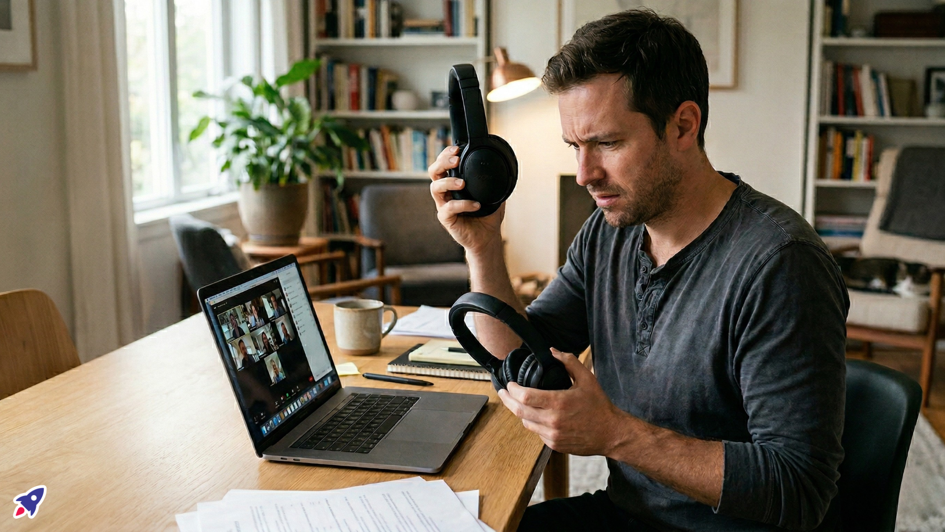 Frustrated man with consumer headphones on a video call, struggling with bad audio on his PC.