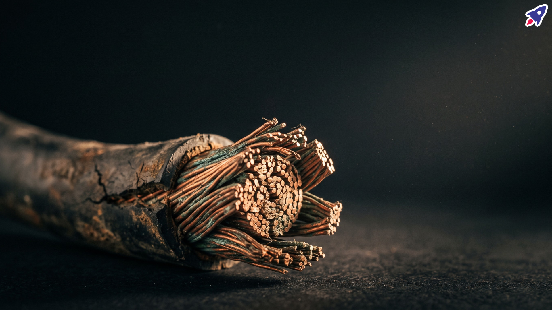 A detailed macro close-up of a weathered, exposed multi-strand copper cable with corrosion and verdigris patina, used for legacy POTS (Plain Old Telephone Service) analog landline and voice networks over the PSTN. The cut-end is in sharp focus, highlighting the copper lines.