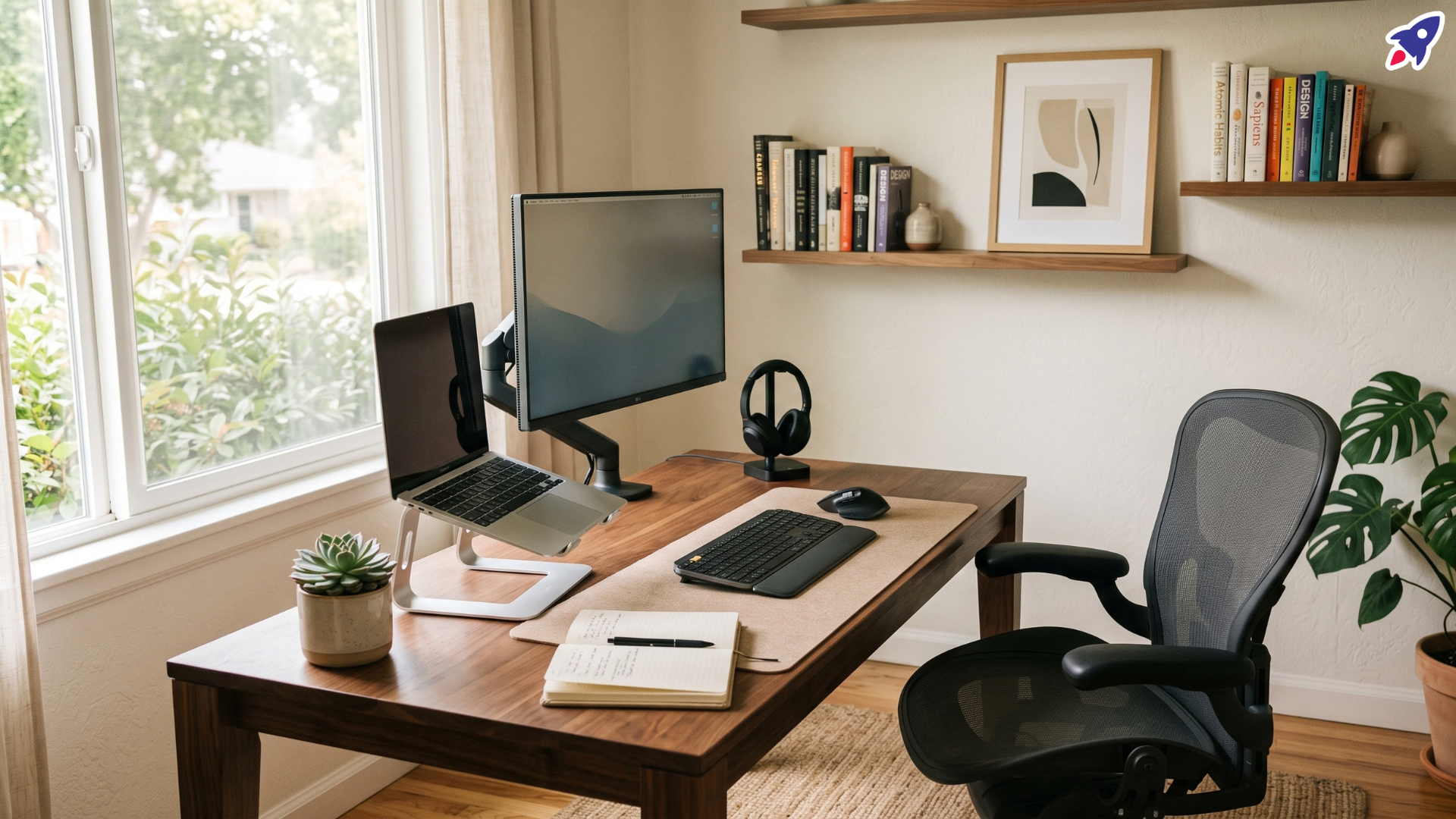A bright home office corner with an external monitor, a laptop raised on a stand, a wireless keyboard and mouse, a headset on its charging stand, and a webcam on a warm wooden desk beside a sunny window.