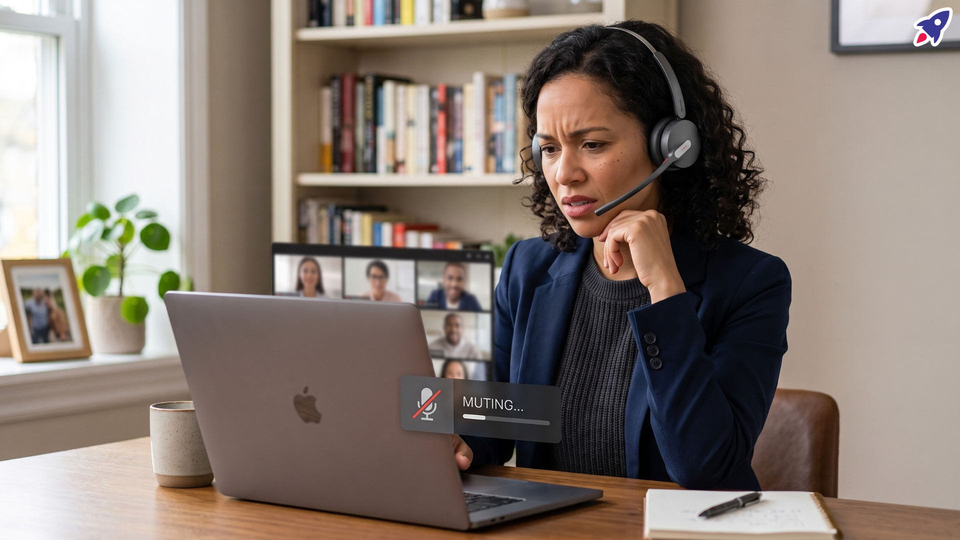 A professional user troubleshooting Yealink headset mute delay during a Zoom or Microsoft Teams video call.