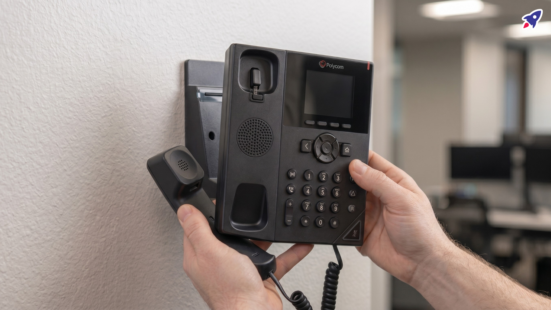 A close-up of a Poly VVX phone being carefully removed from its wall mount bracket with a plastic tool to prevent damage.