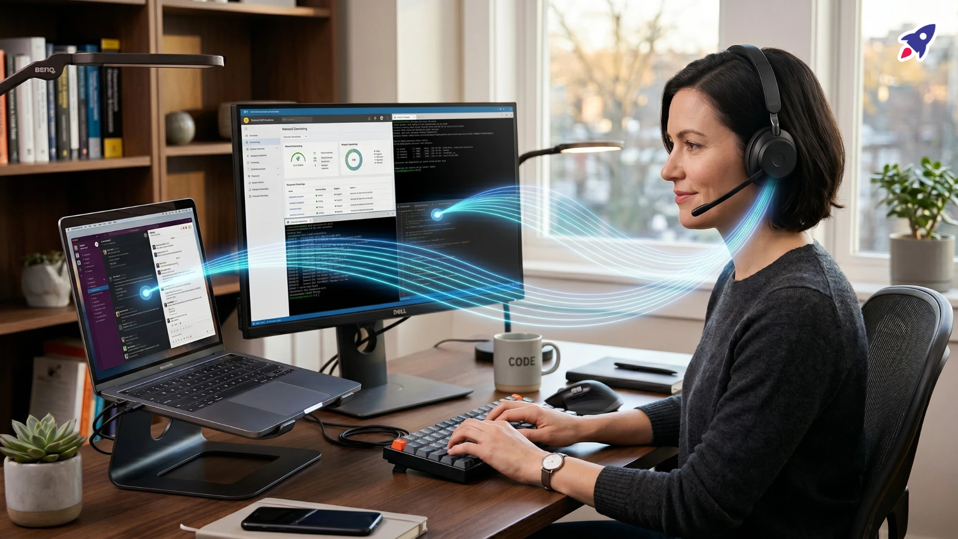 Remote worker wearing a professional headset while switching audio between a laptop and desktop computer.