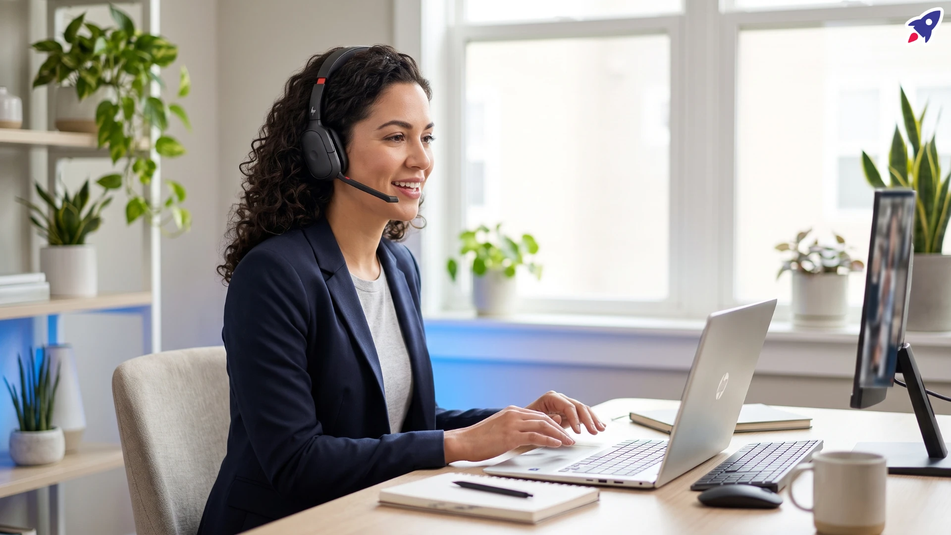 A person wearing the HP Poly Focus 6 Series wireless headset with the boom microphone extended, seated at a desk with a laptop, next to a studio product shot of the headset in black.