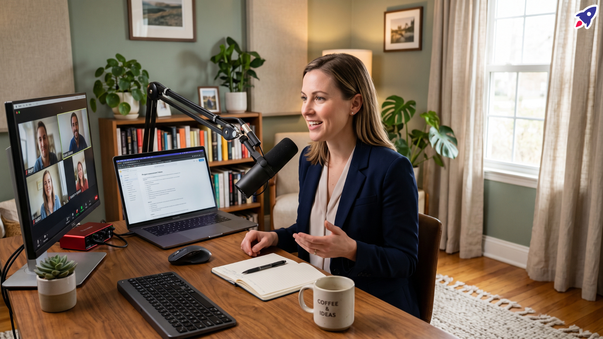 A remote worker on a video call in a well-appointed home office, speaking into an external USB microphone without a headset, demonstrating clear audio setup.