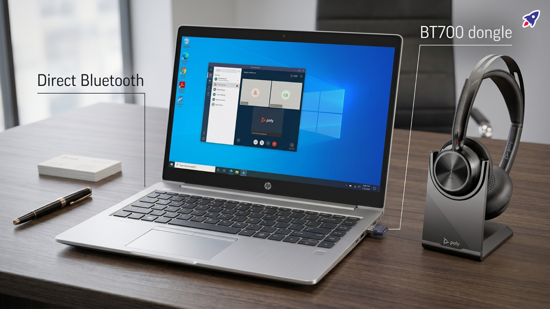 Poly Voyager Focus 2 headset beside a laptop with a Poly BT700 USB Bluetooth dongle, showing the difference between dongle and direct Bluetooth connection.