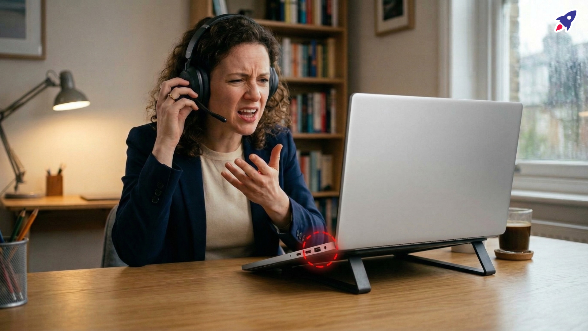 An office setting with a woman experiencing technical difficulties during a video call. The woman, with curly hair and wearing a professional blue blazer over a beige top, has an expression of intense frustration and confusion. She is holding one ear of her black headset as if trying to hear better, while her other hand is raised in a questioning gesture toward her laptop.

The laptop is positioned on a black stand, but its screen is facing away from her, toward the viewer, showing only the plain silver back of the lid. A red dashed circle highlights an empty USB port on the side of the laptop base, indicating a missing connection. On the wooden desk in front of the laptop sits a small, disconnected USB Bluetooth dongle. In the background, a bookshelf, a desk lamp, and a window with a view of a rainy day complete the home office environment.