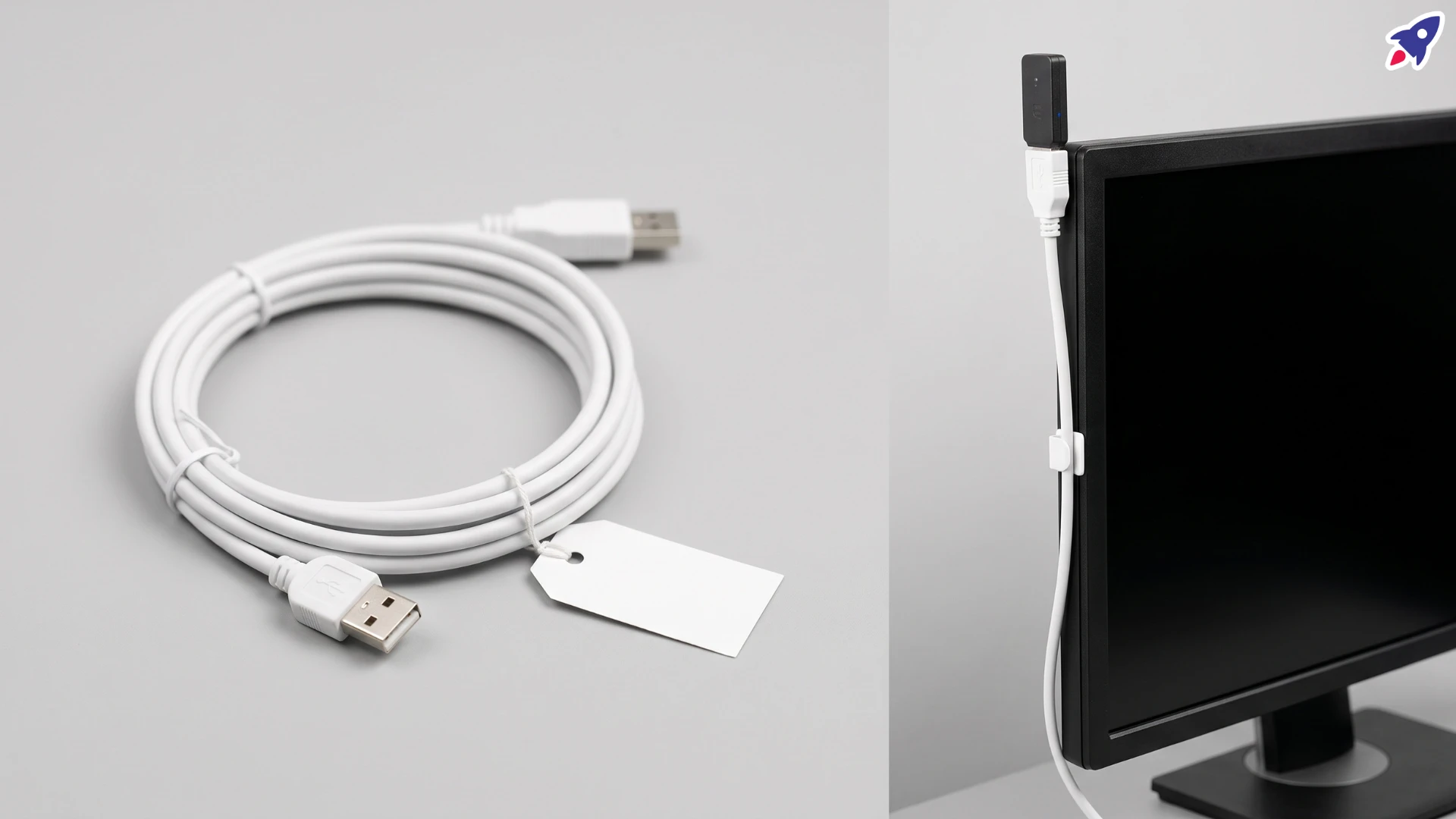 A USB-A extension cable shown coiled on the left, and in use on the right, routed up a monitor and secured with a clip, with a Bluetooth dongle plugged into the raised end.