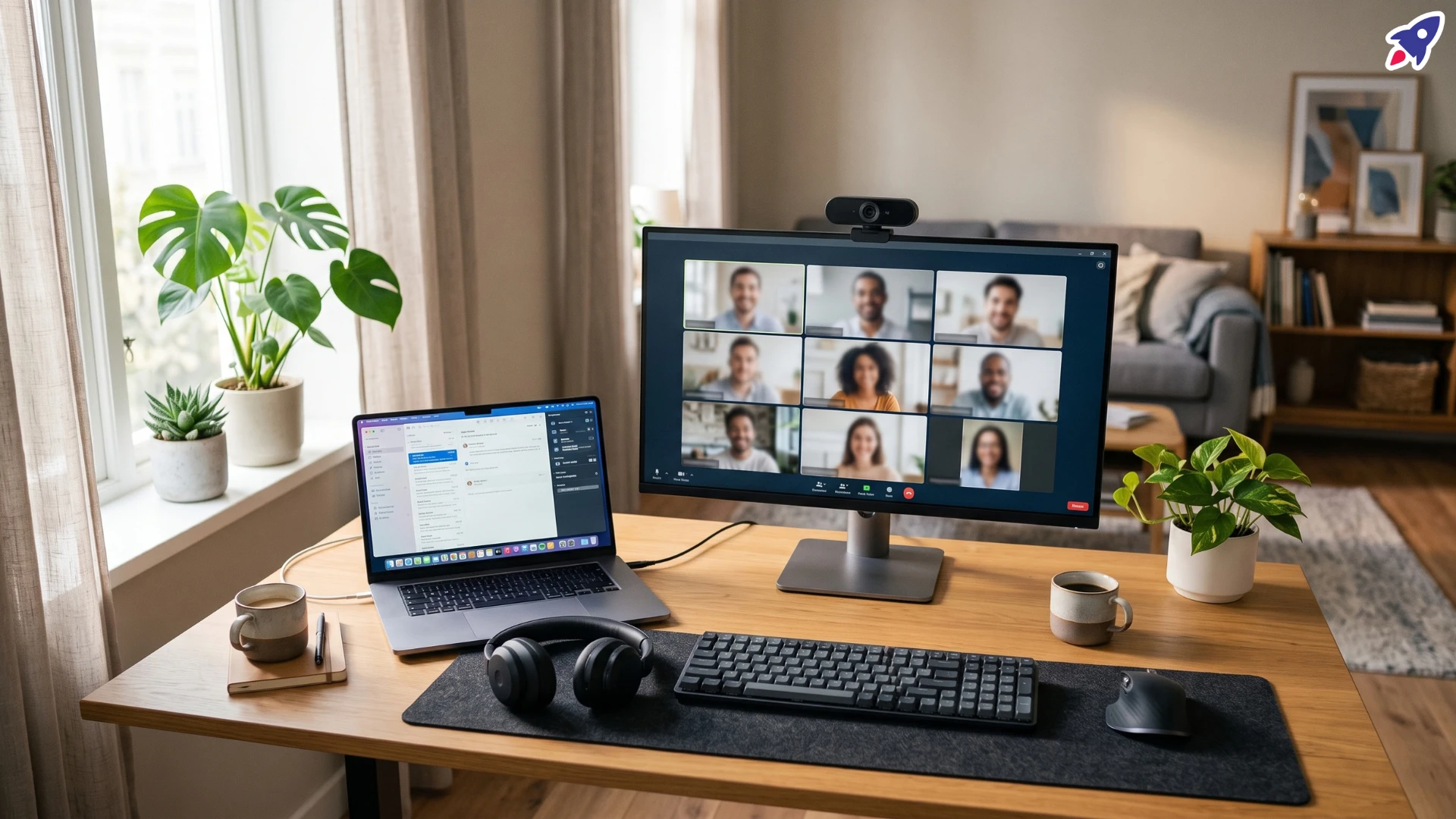 A modern home office wooden desk is meticulously arranged. In the center is a large monitor showing a 3x3 grid of smiling video conference participants, with a webcam on top. To the left is an open silver laptop displaying an email interface. On the desk are a felt mat with a wireless keyboard and mouse, black headphones, a notebook with a pen, two ceramic coffee mugs, and multiple potted plants. The background shows windows with sheer curtains on the left and a comfortable living area with a sofa and shelves on the right.