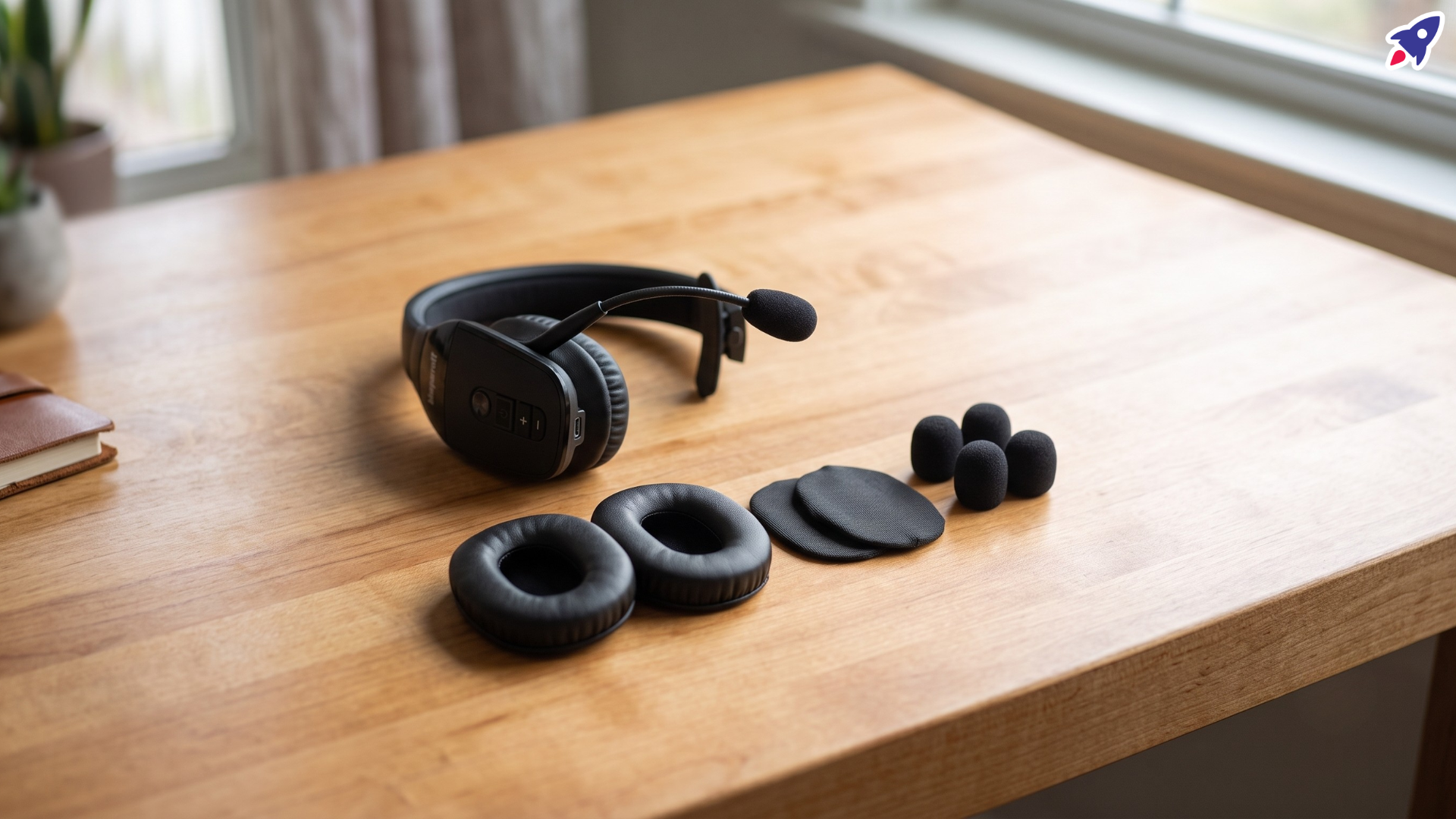 A BlueParrott B450-XT trucker headset resting on a maple wood workbench beside an opened replacement cushion kit, with the thick teardrop-shaped leatherette ear pads and the thin flat fabric covers laid out separately to show the difference between them.