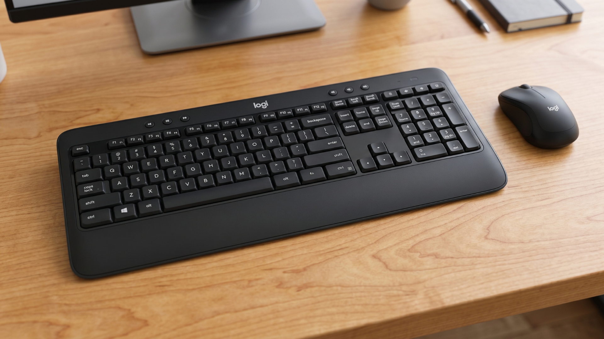 A black Logitech MK540 keyboard and matching wireless mouse resting on a light maple wood desk. A monitor stand, pen, and notebook are partially visible in the blurred background.
