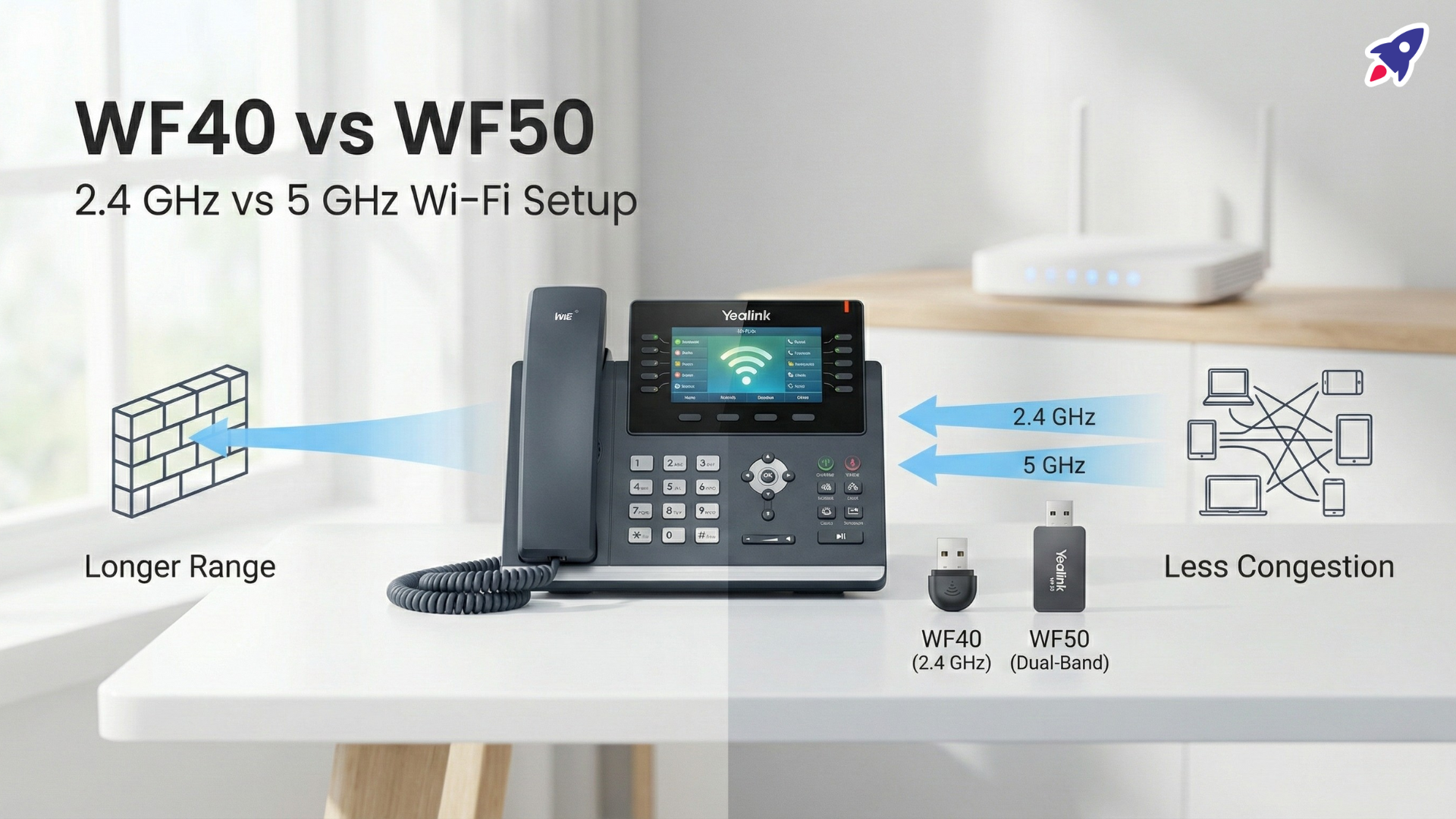 A Yealink phone in the center, where it shows the difference between a 2.4GHz and a 5GHz dongle, namely the WF40 and the WF50. Behind the phone is an internet router showing an adequate distance between the two devices. 