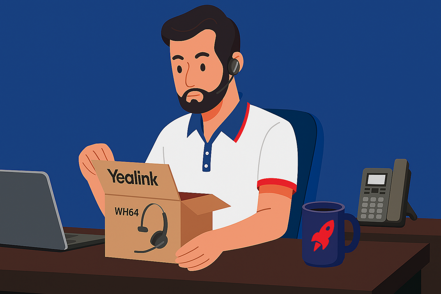 Person unboxing a Yealink WH64 Bluetooth headset at a desk with laptop, desk phone, and coffee mug.