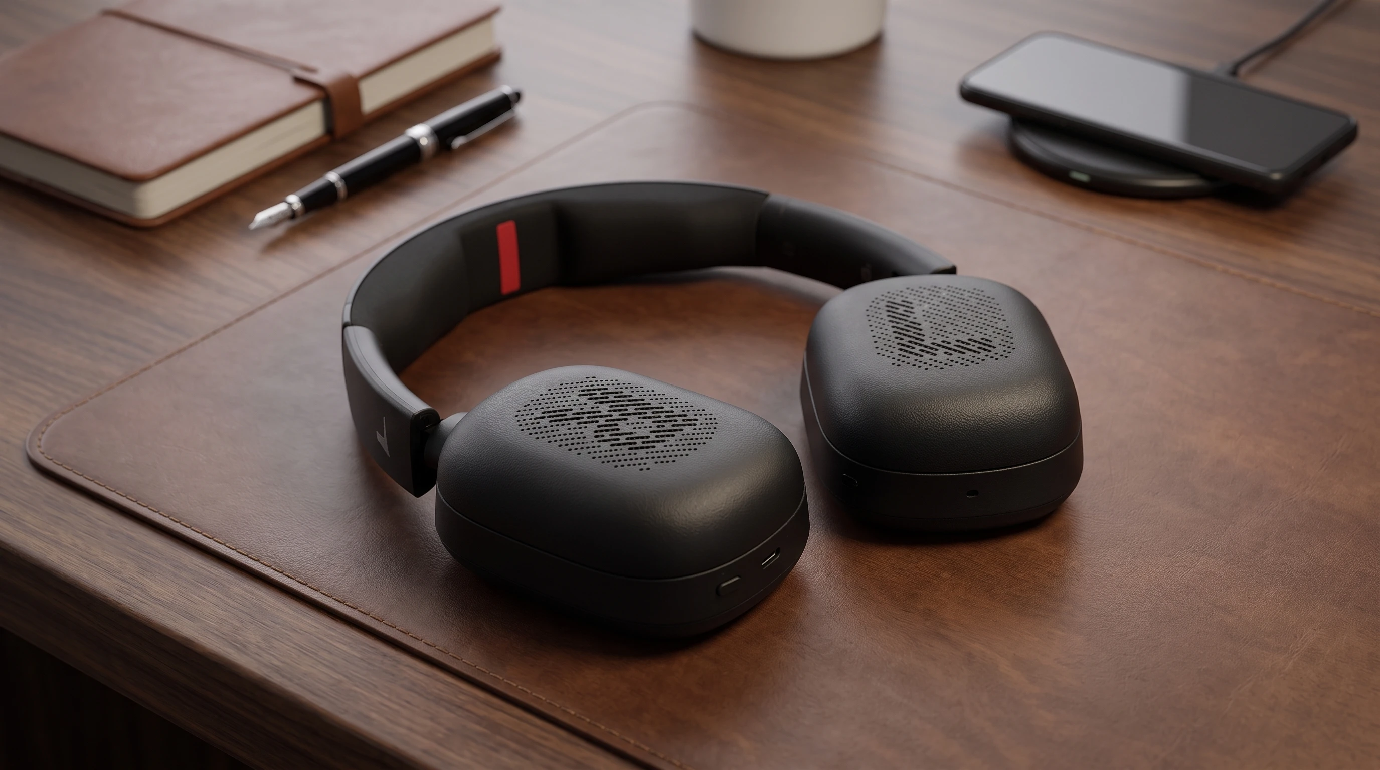 The HP Poly Focus 620/625 Fold Bluetooth wireless headset in black, folded flat to show its collapsible hinge design.