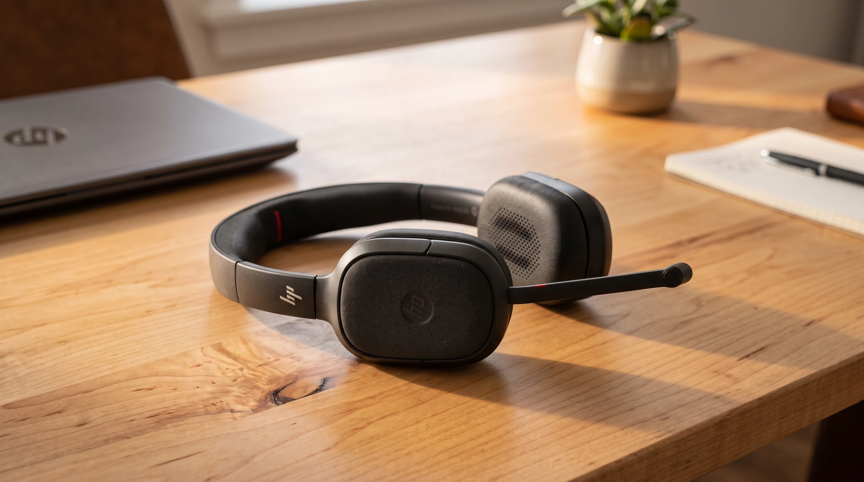 The HP Poly Focus 620/625 Bluetooth wireless headset in black, shown with its hideaway boom microphone extended.