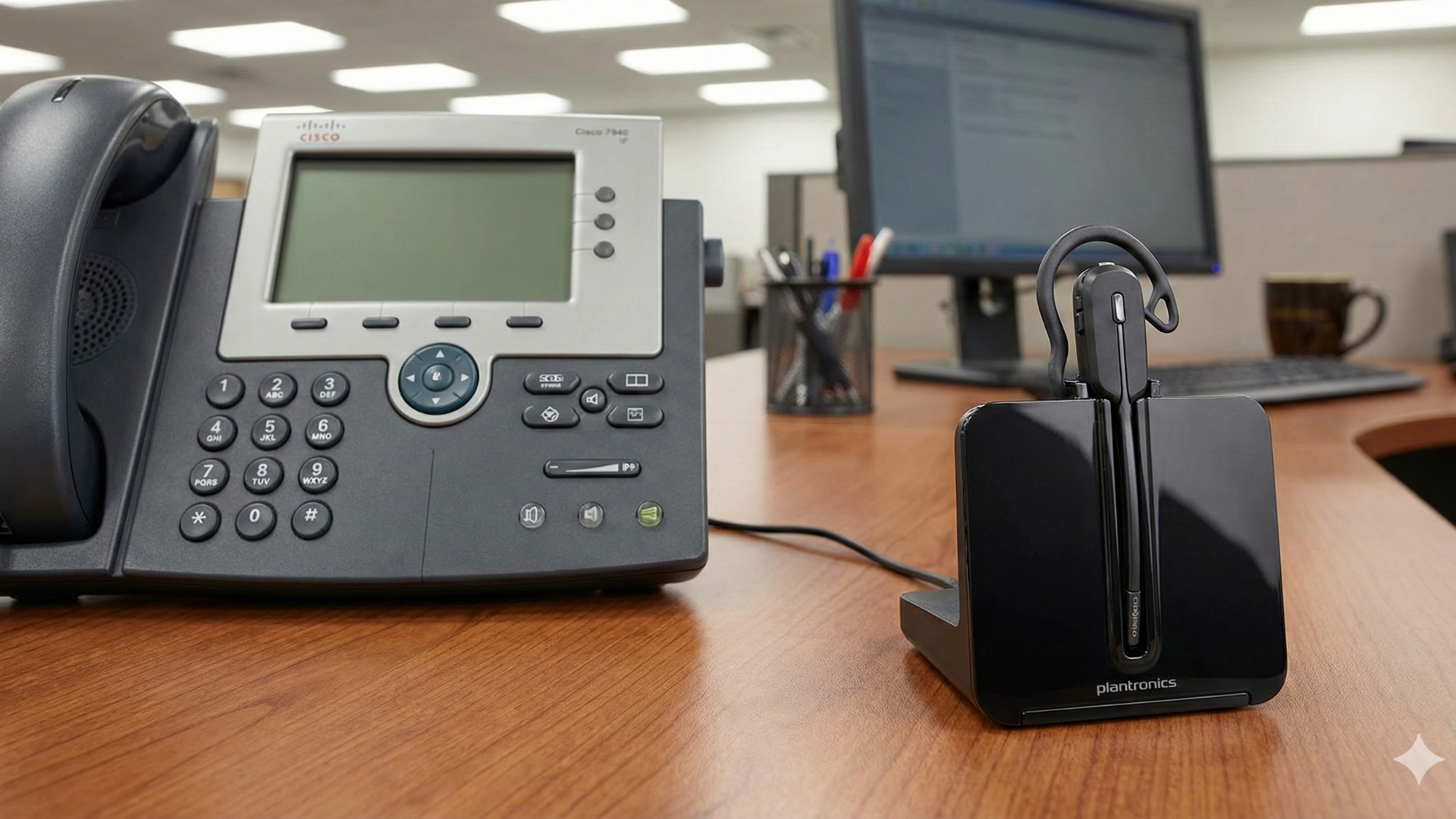 A professional office workstation featuring a classic Cisco 7940 IP phone with its signature silver faceplate, grayscale LCD screen, and programmable buttons. Beside the phone sits a Plantronics CS540 wireless DECT headset, showing its lightweight ear-loop design, docked vertically in its sleek, black square charging base. The devices are placed on a clean, modern desk in a well-lit corporate office environment with a computer monitor blurred in the background.