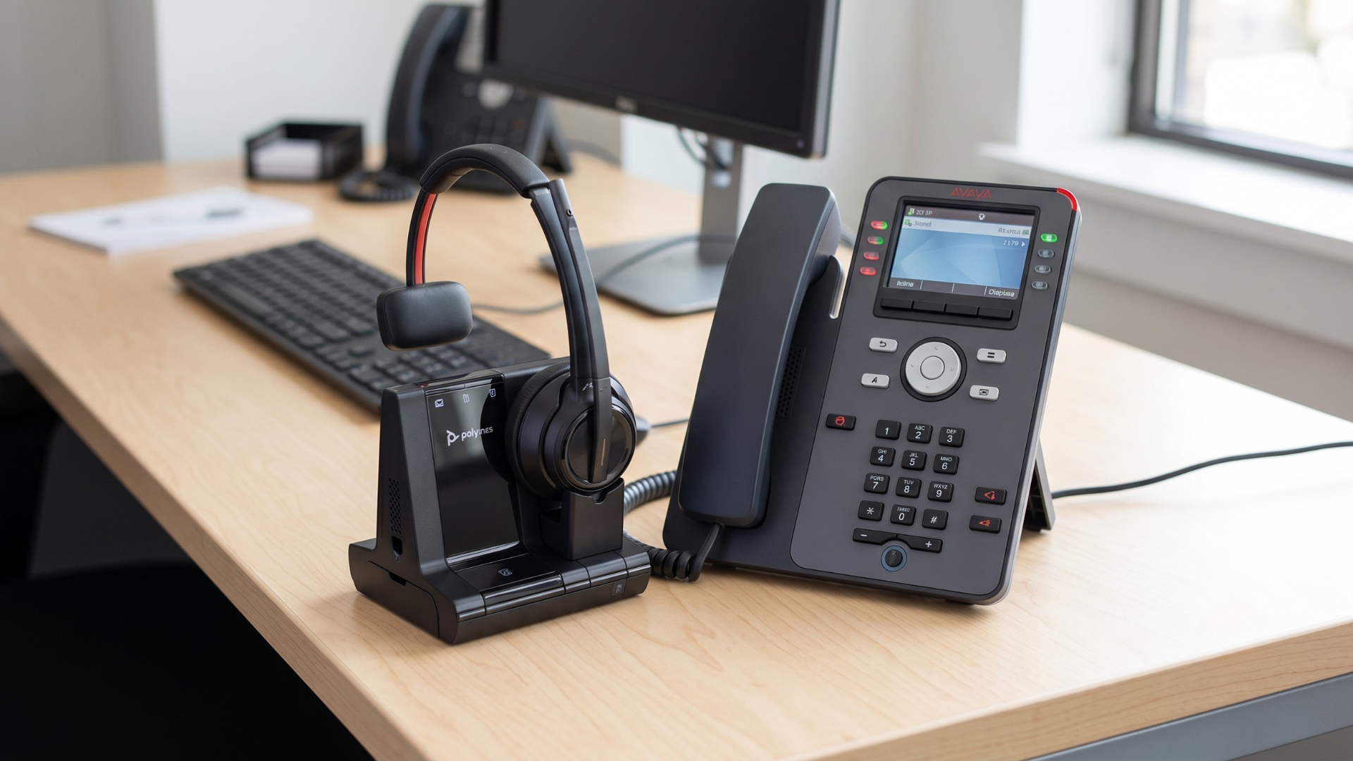Poly Savi 8210 wireless DECT headset near an Avaya IP desk phone