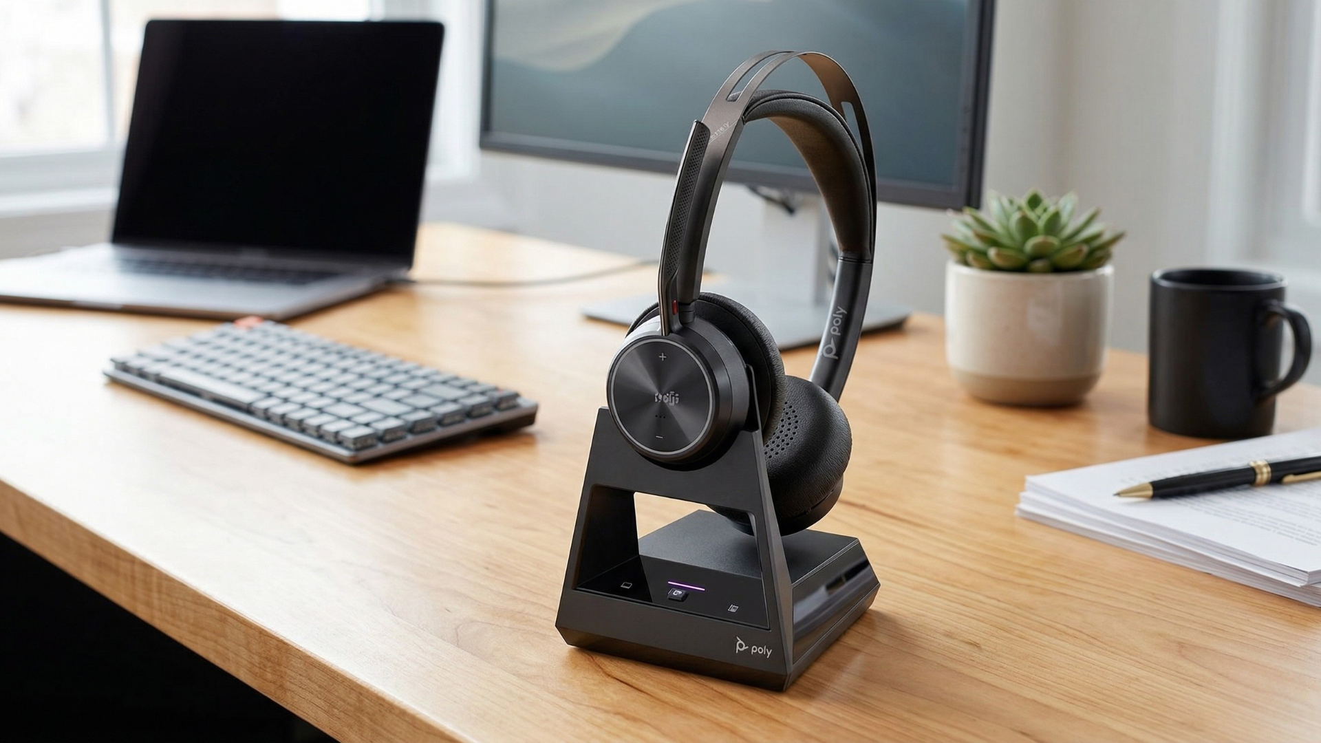 A detailed, high-resolution product photograph of a dark grey and black Poly Voyager Focus 2 Bluetooth headset. It is seated upright on its matte black desktop charging stand. The stand is positioned centrally on a warm, maple-wood grain office desk. In the background, there is a modern, sunlit office workspace with a silver laptop, a dark keyboard, a larger monitor, a black coffee mug, a succulent in a pot, and a notepad with a pen. The scene is clean and professional.