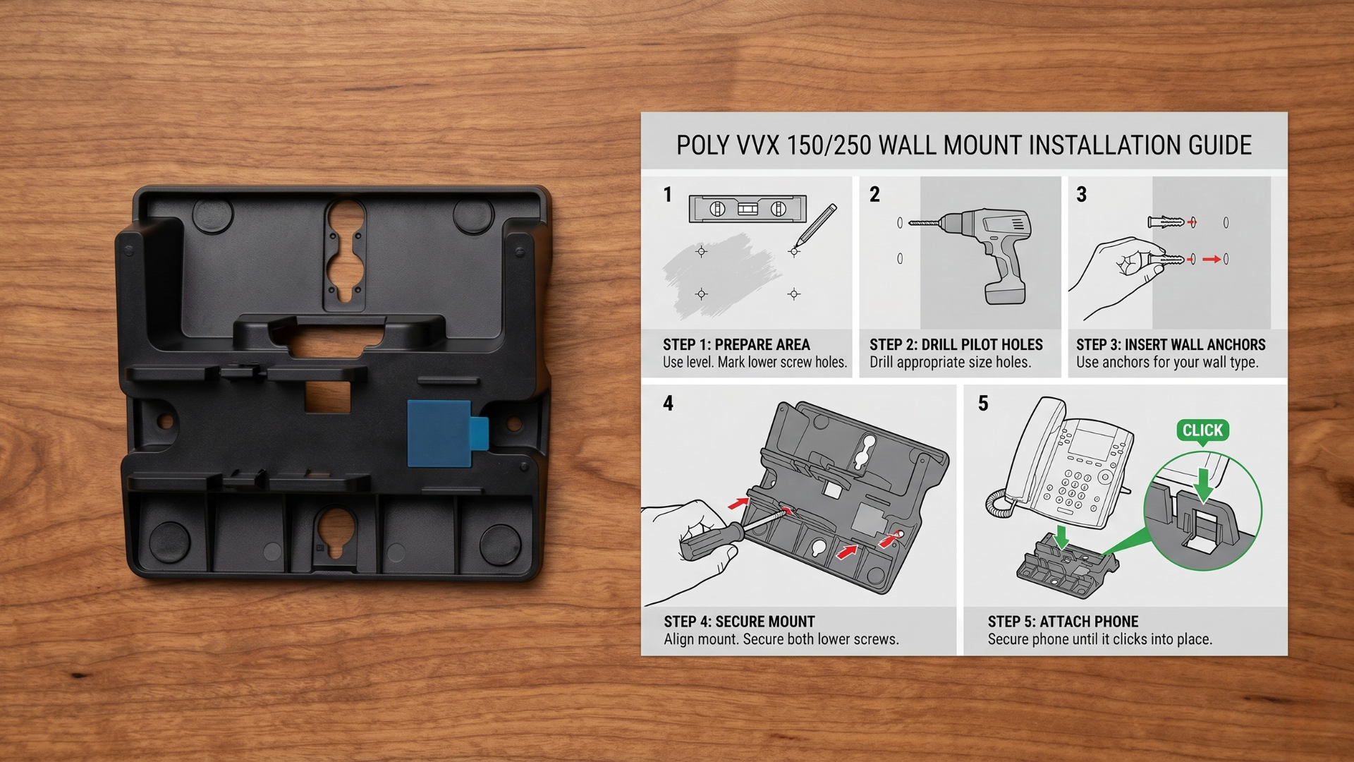 A top-down view of a black plastic Poly VVX 150/250 wall mount bracket resting on a natural wood surface, positioned on the left. To its right lies a five-step installation guide sheet detailing instructions to prepare the area, drill pilot holes, insert wall anchors, secure the mount, and attach the phone until it clicks into place.