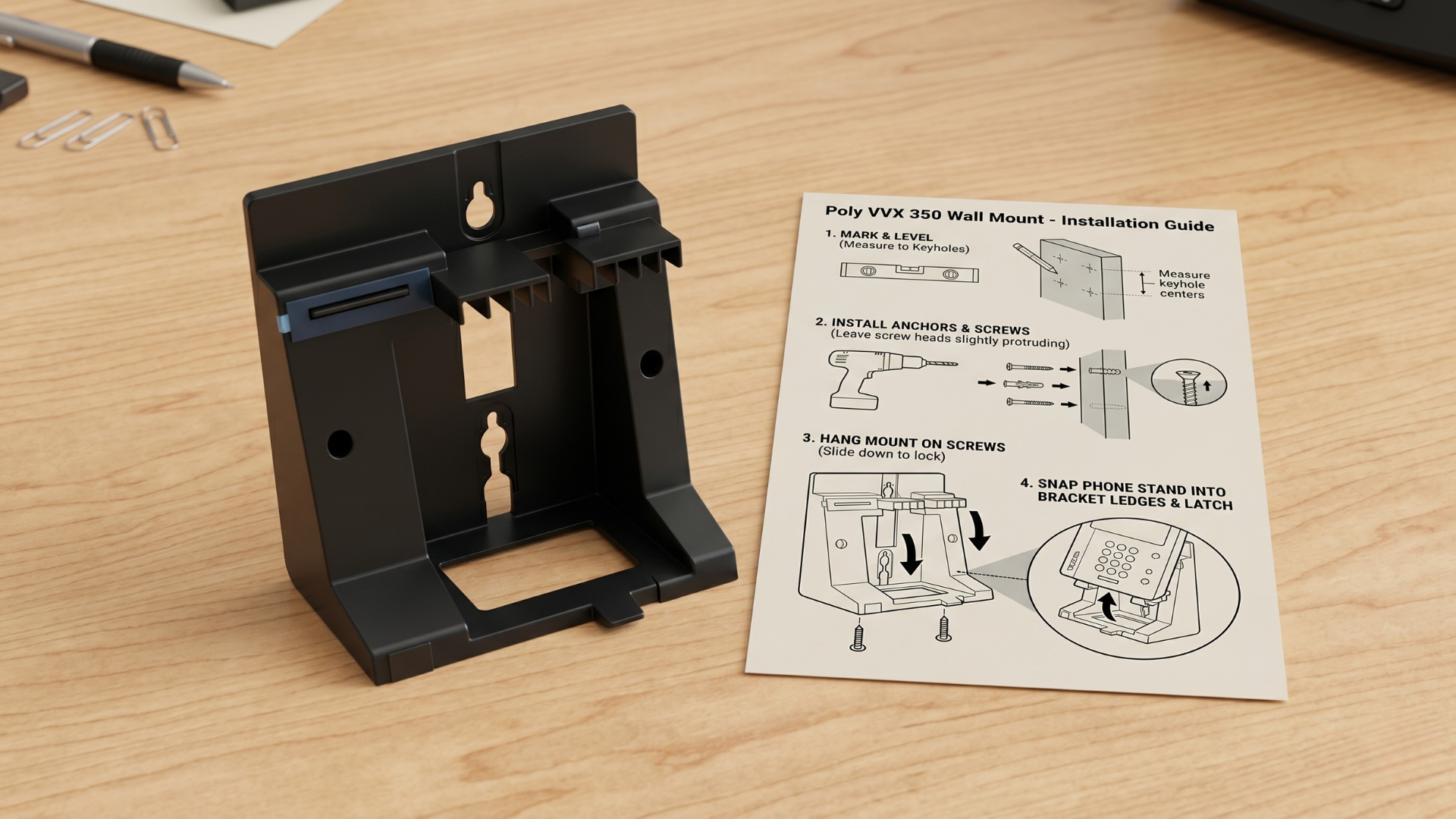 A black plastic Poly VVX 350 wall mount standing upright on a light maple wood table, positioned next to a printed four-step installation guide diagram.